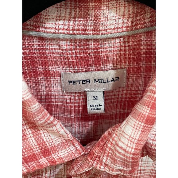 Peter Millar Men's M Red Plaid 100% Linen Long Sleeve Snap Button-Up Shirt - Picture 3 of 8